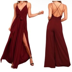 Lulu’s Burgundy Plum Split Leg Flowy V Neck Jumpsuit Sz M